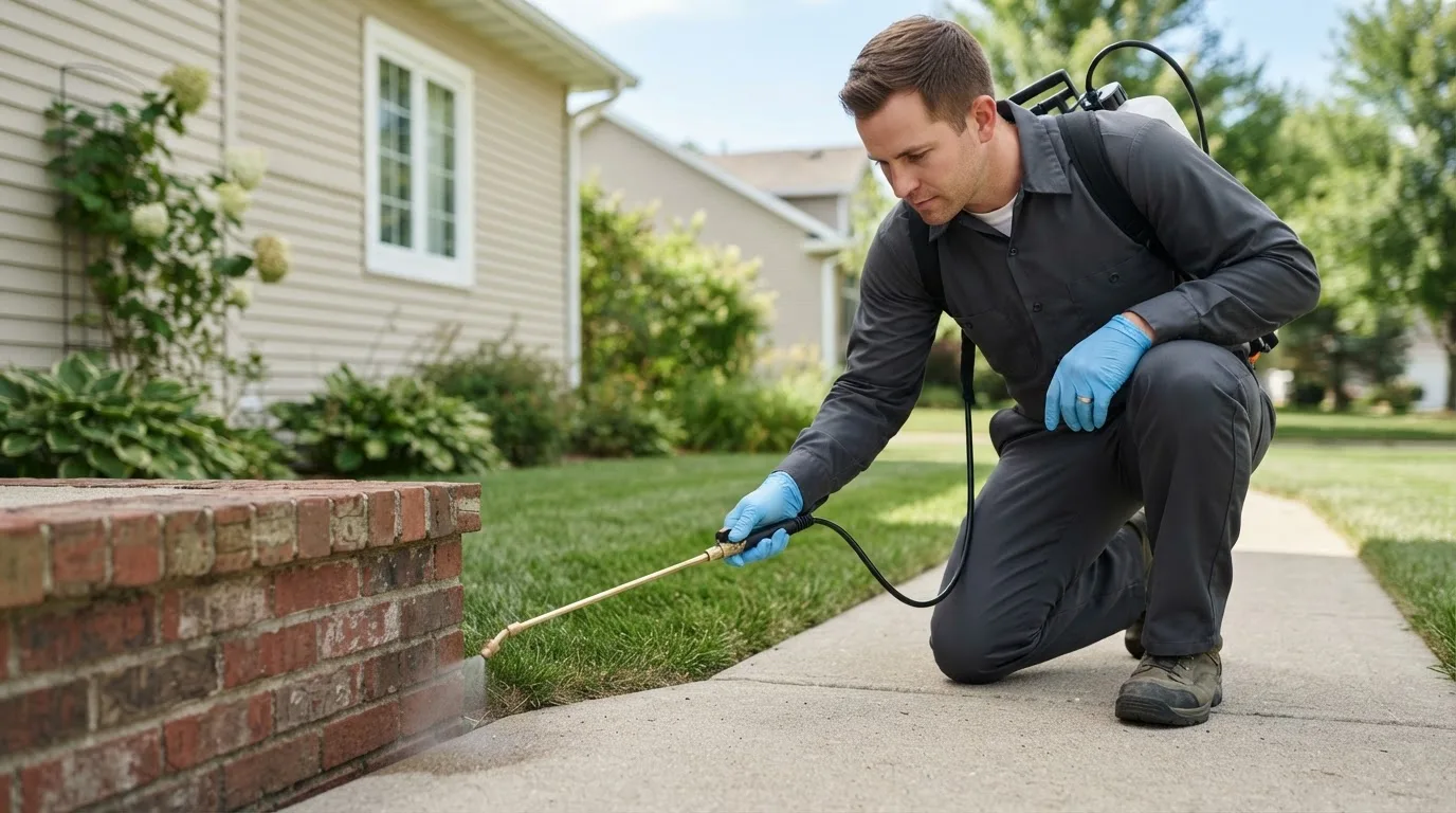 Pest control technician treating a home near Dekalb, IL