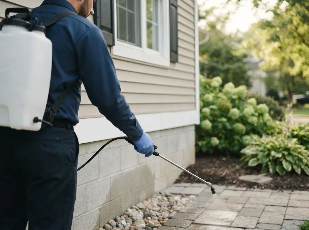 Pest control technician inspecting a home in Dekalb, IL